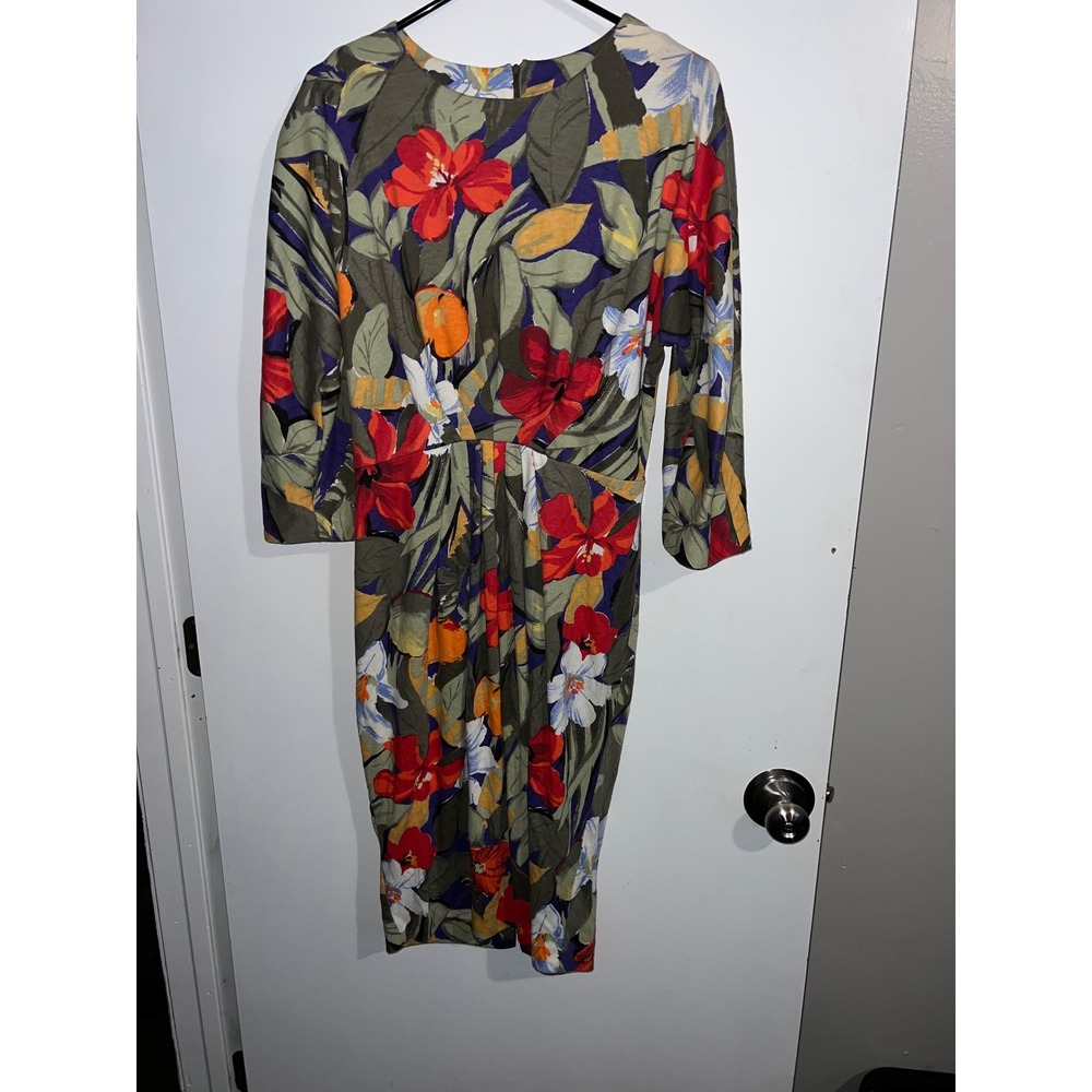 S.L. Fashions Vintage Floral Midi Dress Size 12 Red Green Blue Cotton Blend